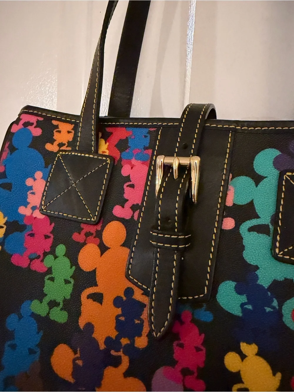 Disney Dooney & Bourke Black Multicolor Mickey Print Tote Purse Black Leather